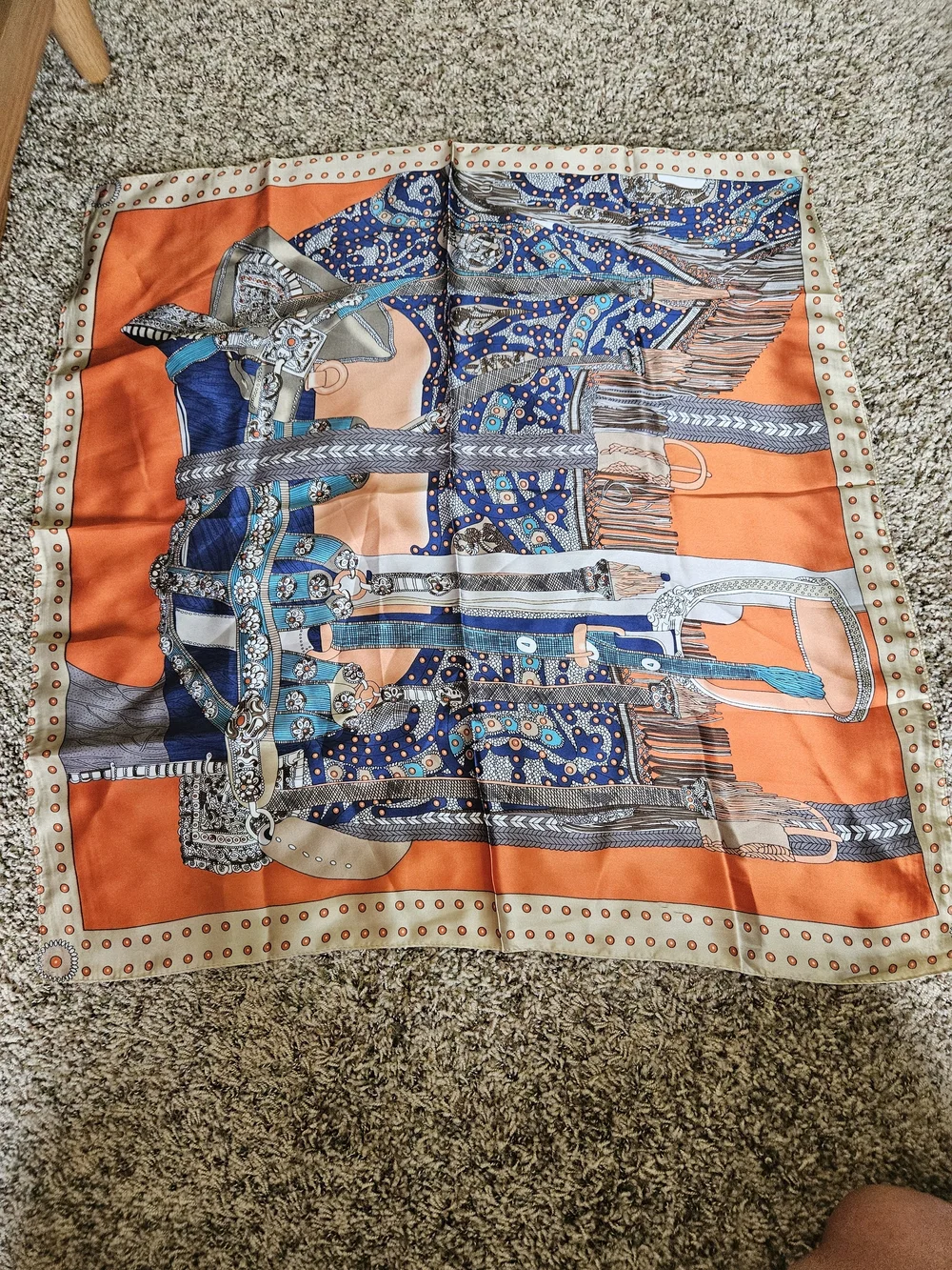 Bold Orange & Navy Equestrian Print Silk Scarf